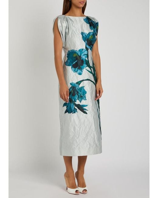 Erdem Blue Floral-Print Textured Satin Midi Dress