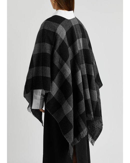 Eileen Fisher Black Checked Fringed Wool Poncho