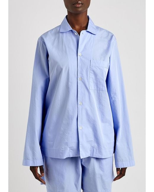 Tekla Blue Striped Poplin Pyjama Top
