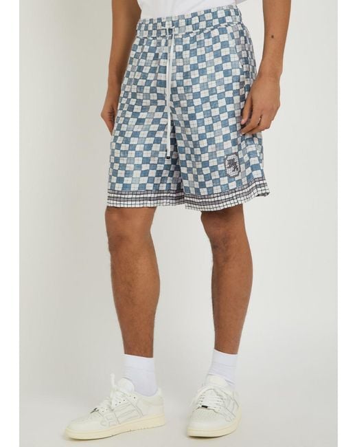 Amiri Blue Chateau Crest Checked Silk Shorts for men
