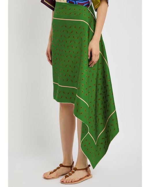 Otzio Green Margot Printed Asymmetric Silk Midi Skirt