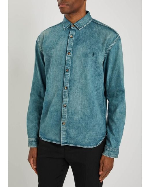 Saint Laurent Blue Logo-Embroidered Faded Denim Shirt for men
