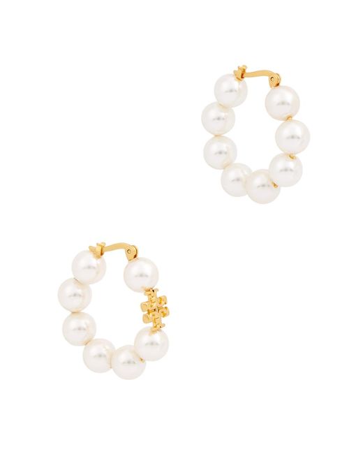 Tory Burch Kira Faux Pearl-embellished Hoop Earrings in Gold (White) | Lyst