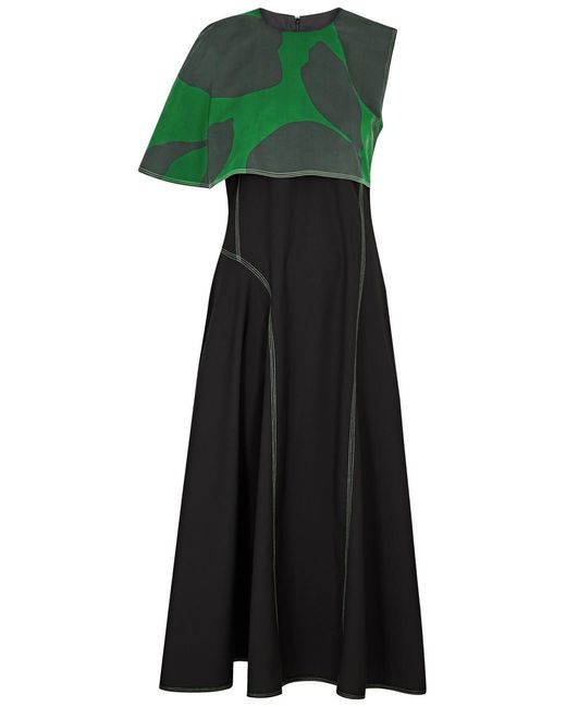 LOVEBIRDS Green Tinsel Panelled Woven Midi Dress