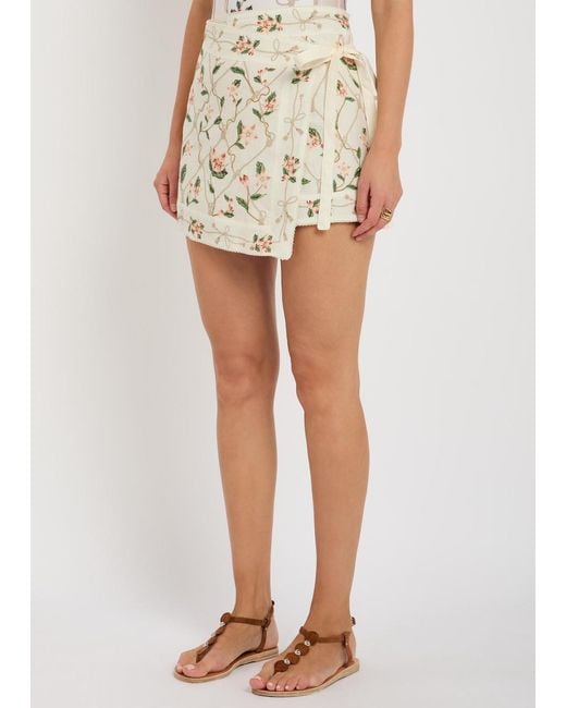 Agua Bendita Natural Luna Floral-Print Linen Mini Wrap Skirt