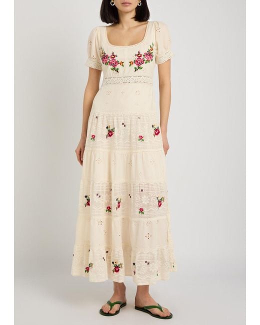 Rixo Natural Cady Embroidered Cotton Midi Dress