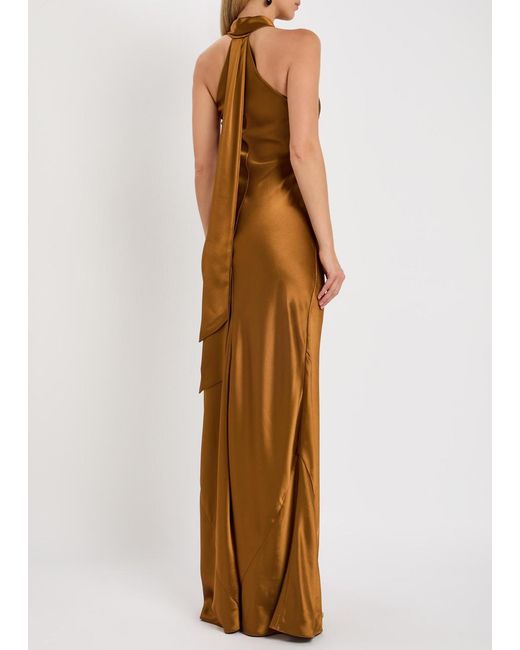 Galvan Natural Pandora Scarf-Neck Satin Gown