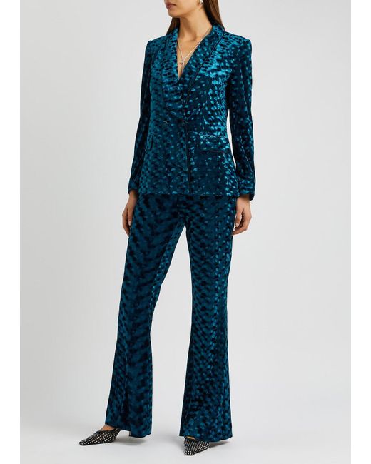 Diane von Furstenberg Blue Ruthette Leopard-print Flared Velvet Trousers
