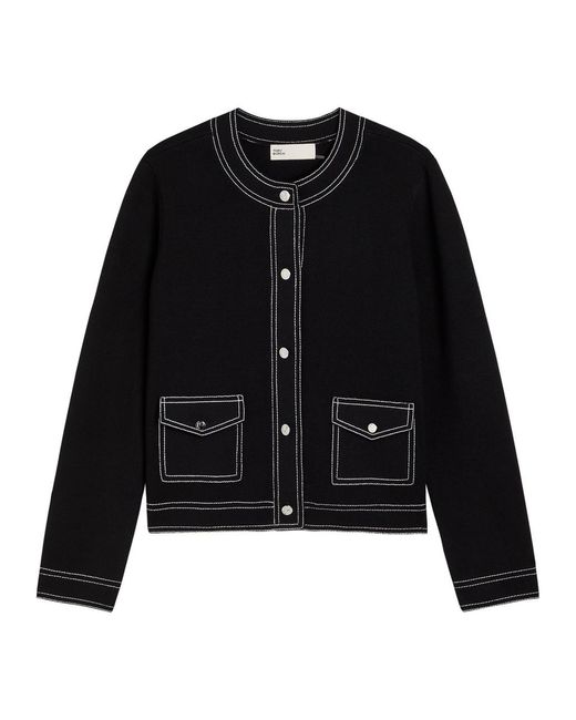 Tory Burch Black Topstitch Wool Cardigan