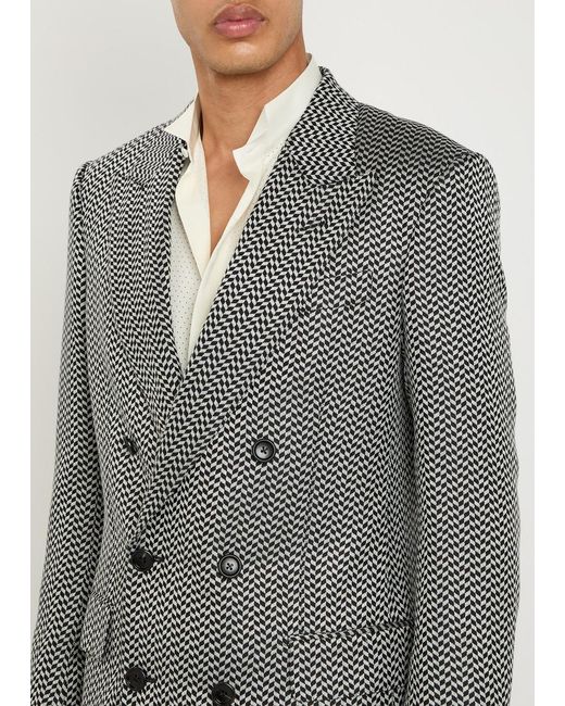 Tom Ford Gray Double-Breasted Herringbone Silk Blazer for men