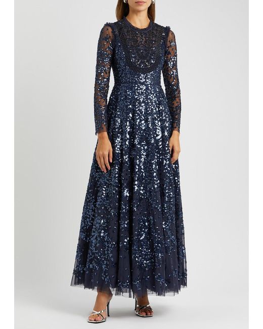 Needle & Thread Blue Carmen Sequin-embellished Tulle Gown