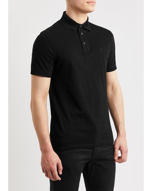 Emporio Armani Black Logo-embroidered Piqué Cotton Polo Shirt for men