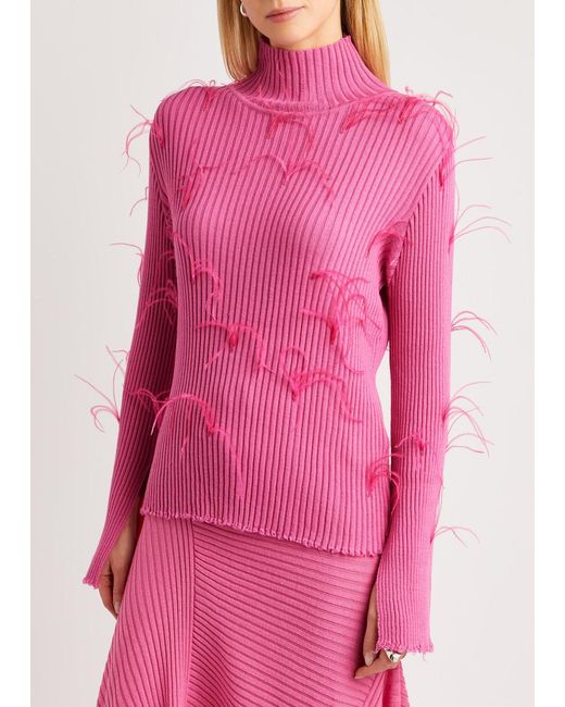 Marques'Almeida Pink Ribbed Feather-embellished Wool Top