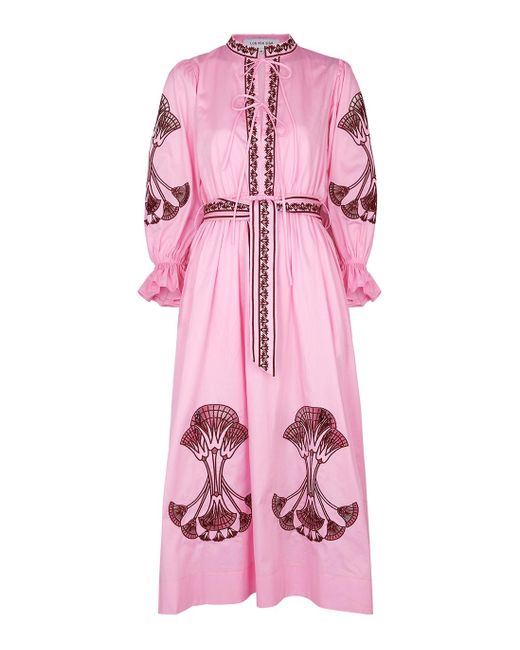 Lug Von Siga Pink Florence Embroidered Cotton Midi Dress
