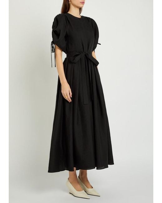 Gabriela Hearst Black Linnea Belted Linen Midi Dress