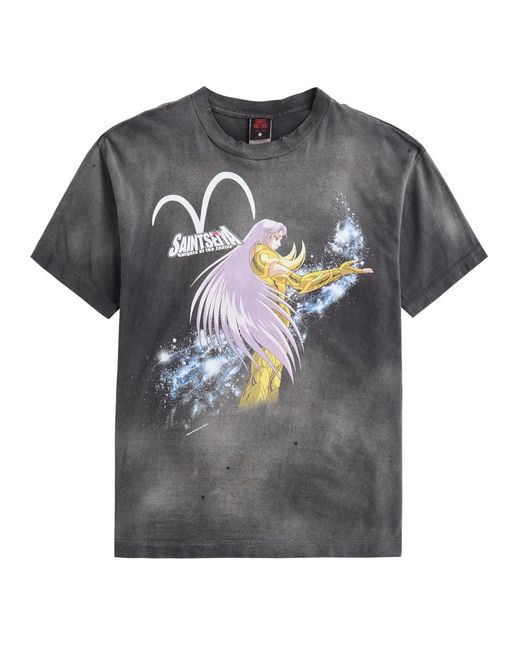SAINT Mxxxxxx Gray Saint Seiya Printed Distressed Cotton T-Shirt for men