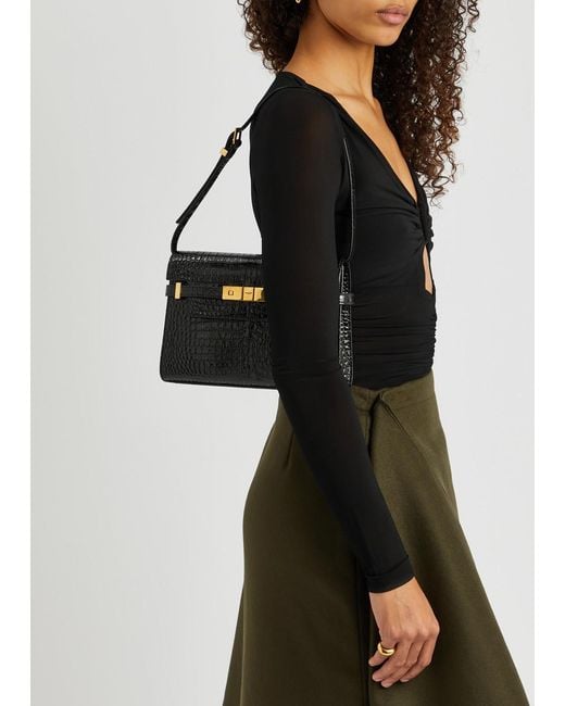 Saint Laurent Black Manhattan Small Crocodile-effect Leather Shoulder Bag
