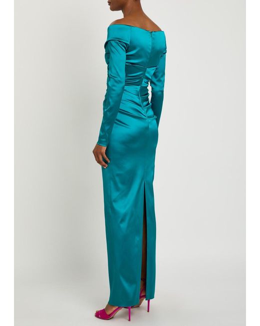 Talbot Runhof Blue Off-The-Shoulder Gathered Satin Maxi Dress