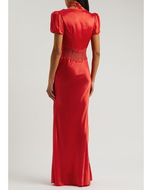 De La Vali Red Pavlova Lace And Satin Maxi Dress