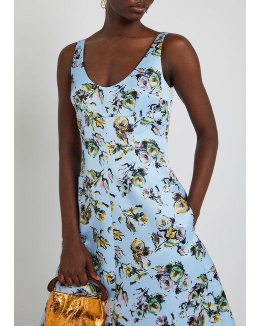 Emilia Wickstead Blue Abella Floral-Print Satin Midi Dress