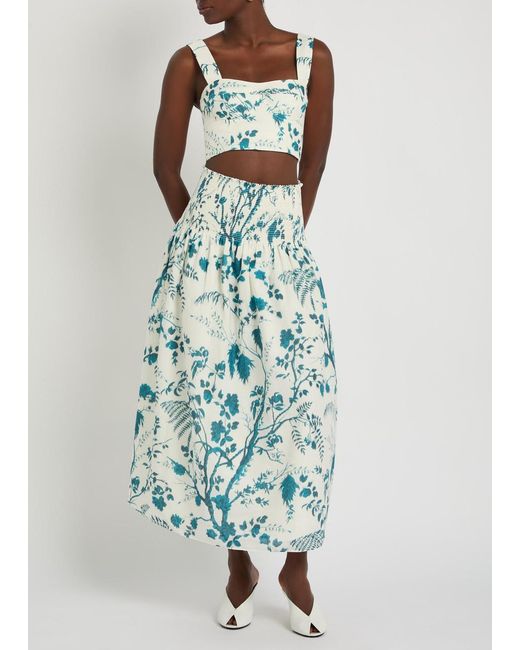 Erdem Blue Floral-Print Cotton And Linen-Blend Midi Skirt