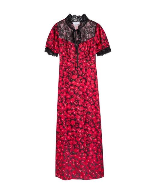 Never Fully Dressed Red Lyla Cherry-Print Lace And Satin Midi Dress