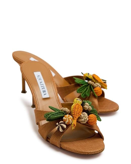 Aquazzura Brown Birdsong 75 Appliquéd Woven Raffia Mules