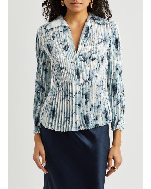 Vince Blue Floral-Print Plissé Blouse