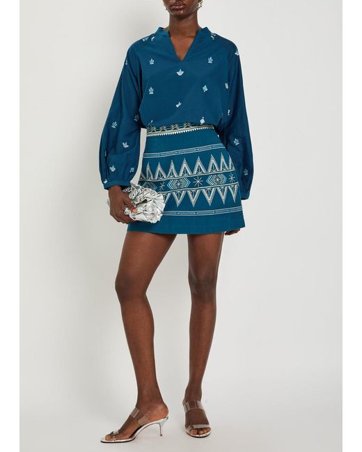 Emporio Sirenuse Blue Giuliana Embroidered Linen-Blend Mini Skirt