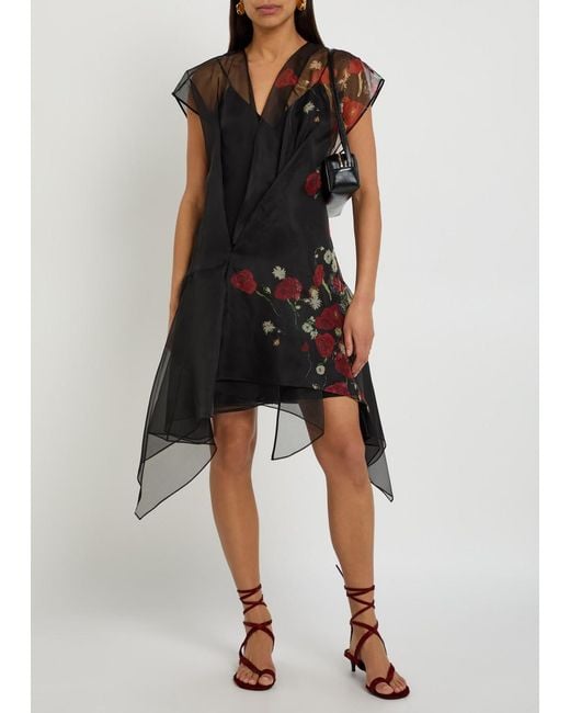 Khaite Black Merith Floral-Print Ruffled Silk Mini Dress
