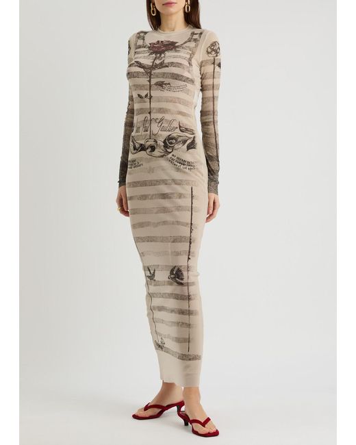 Jean Paul Gaultier Natural Printed Sheer Stretch-Tulle Maxi Dress
