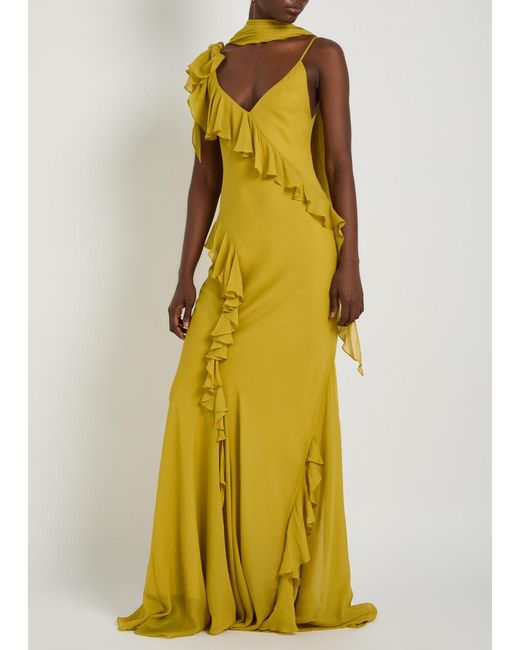 De La Vali Yellow Mayara Scar-Effect Ruffled Chiffon Gown