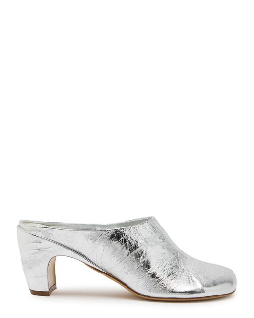 Dries Van Noten White 70 Crinkled Metallic Leather Mules
