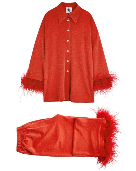 Sleeper Red Cosmos Feather-Trimmed Metallic Jersey Pyjama Set