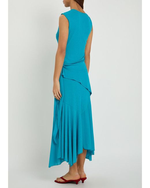 Ganni Blue Draped Asymmetric Mesh Midi Dress