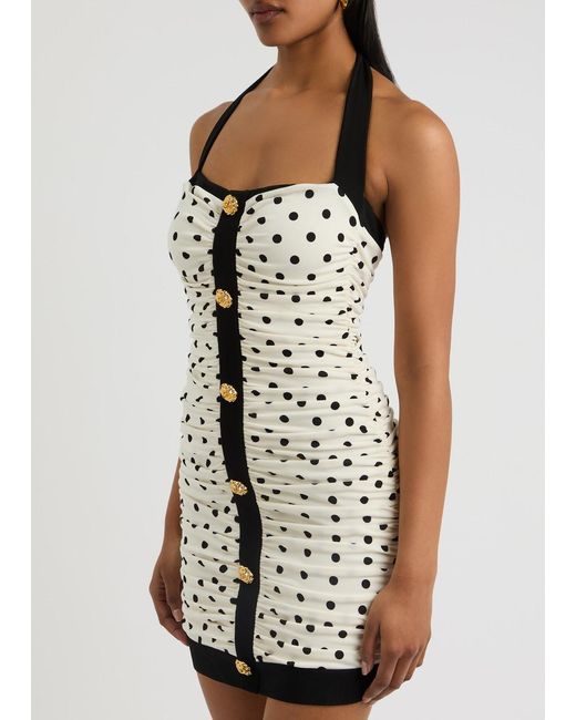 Balmain White Polka-Dot Print Ruched Mini Dress