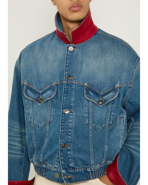 Versace Blue Leather-Collar Denim Jacket for men