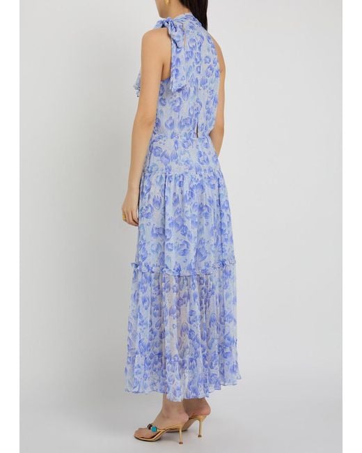 Rixo Blue Abi Floral-Print Chiffon Maxi Dress