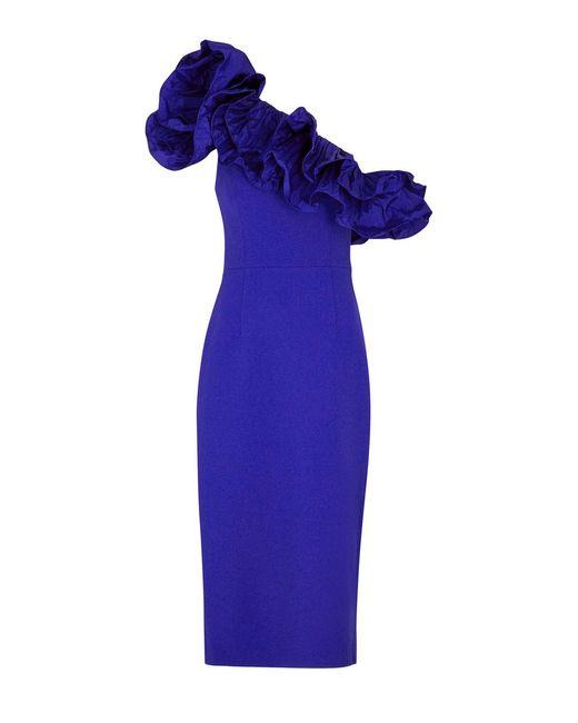 Rebecca Vallance Blue Cora Ruffled One-shoulder Midi Dress