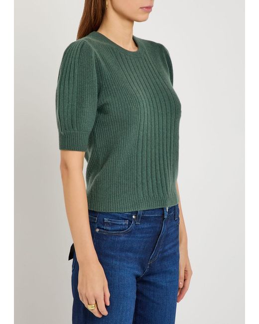 PAIGE Green Kato Puff-Sleeve Ribbed Cashmere Top