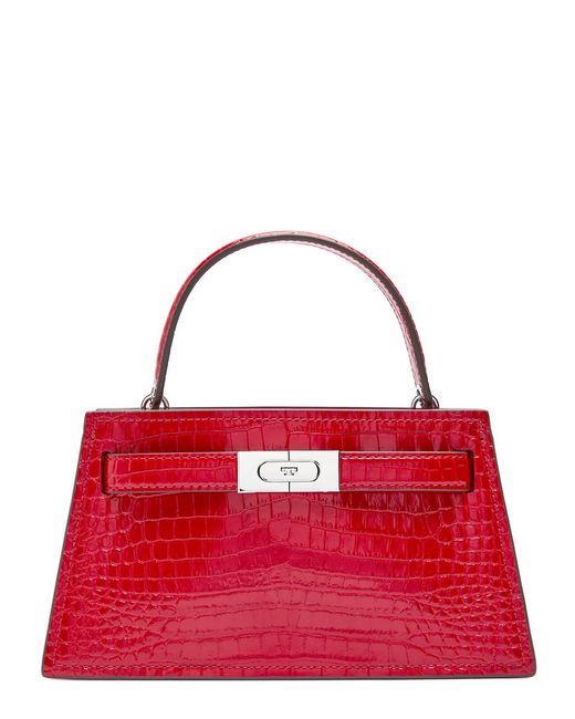 Tory Burch Red Lee Radziwill Mini Crocodile-Effect Leather Top Handle Bag