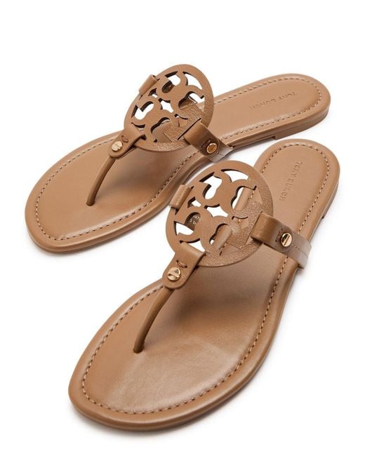 Tory Burch Brown Miller Logo Leather Flip Flops
