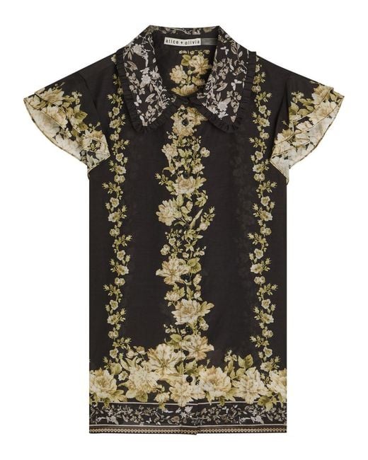 Alice + Olivia Black Martel Floral-Print Cotton And Silk-Blend Blouse