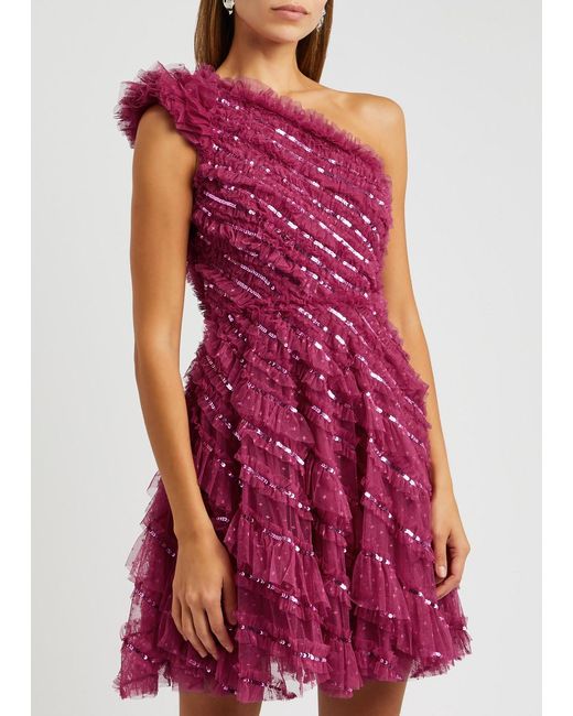 Needle & Thread Purple Spiral Sequin-embellished Tulle Mini Dress