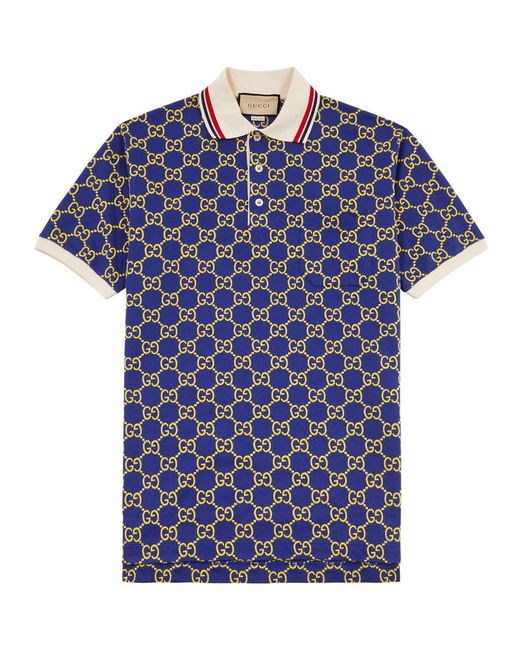 Gucci Blue Monogrammed Logo Piqué Stretch-Cotton Polo Shirt for men