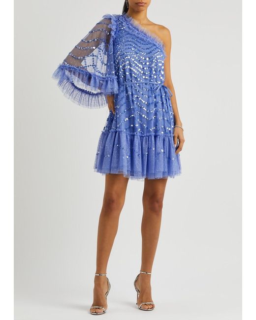 Needle & Thread Blue Shimmer Wave Sequin-Embellished Tulle Mini Dress