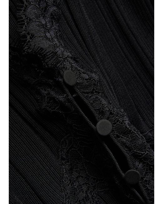 Self-Portrait Black Ribbed Lace-Trim Stretch-Knit Top