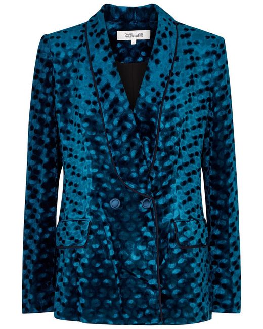 Diane von Furstenberg Blue Chiana Leopard-print Velvet Blazer