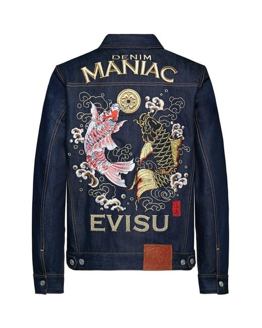 Evisu Blue Denim Trucker Jacket With Carp And Kamon Embroidery for men