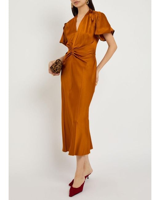 Victoria Beckham Orange Eve Gathered Satin Midi Dress